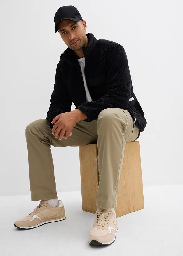 Teddyfleecejacka med besättning av vävt material och ståkrage, bonprix