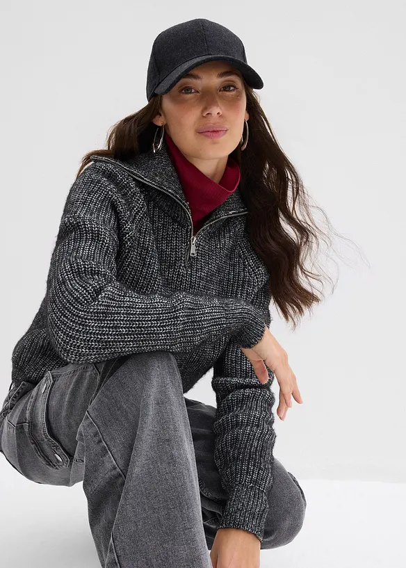 Tröja med krage och dragkedja i mjuk materialmix, bonprix