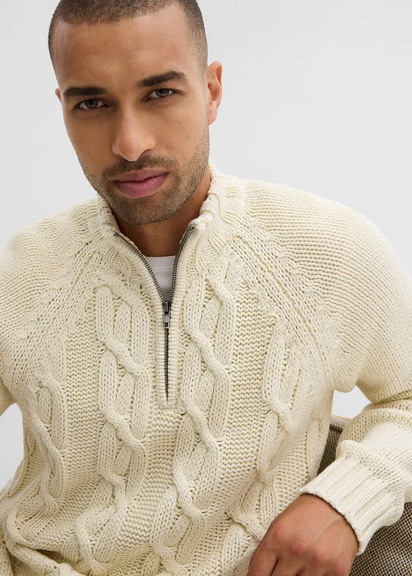 Grovstickad tröja med krage och dragkedja, bonprix