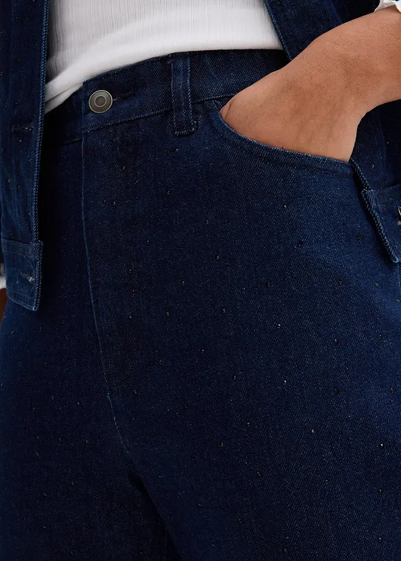 Loose Straight Jeans High Waist, med bekväm midja och strass, bonprix