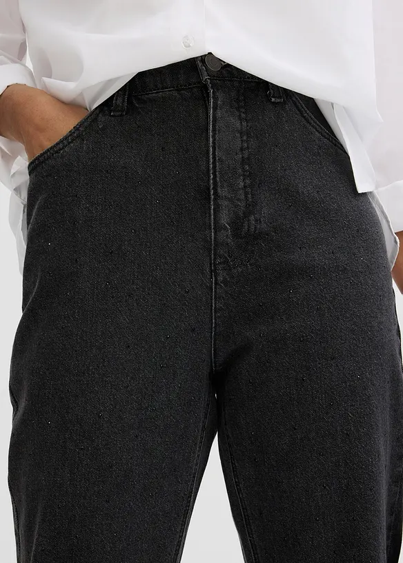 Loose Straight Jeans High Waist, med bekväm midja och strass, bonprix