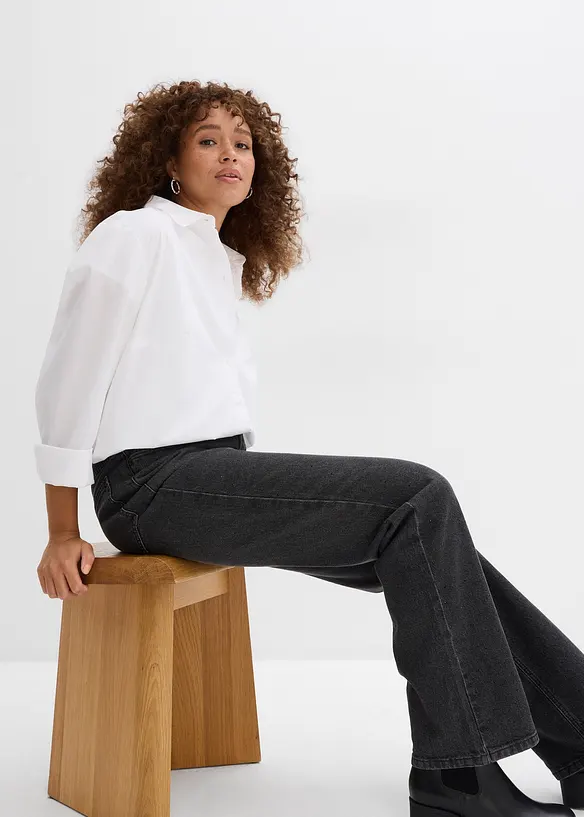 Loose Straight Jeans High Waist, med bekväm midja och strass, bonprix