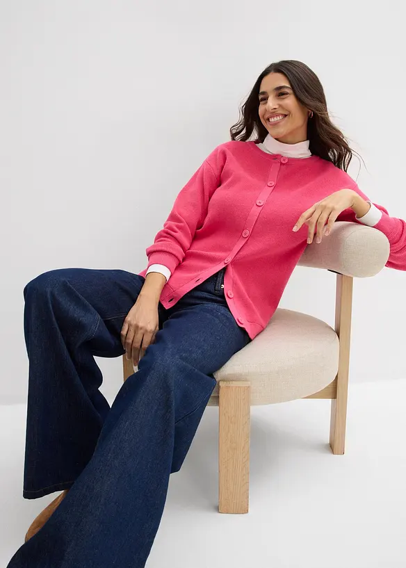 Finstickad cardigan med rund halsringning, bonprix