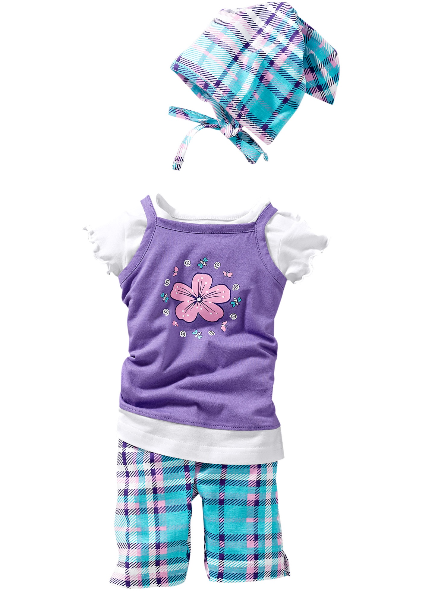 Baby klänning + T-shirt + huvudduk (4 delar)