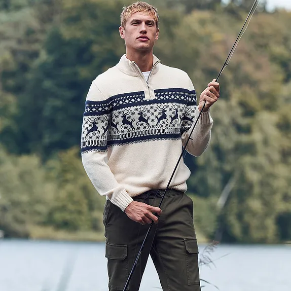 Herr  - Mönstrad tröja med krage och dragkedja - natur, mönstrad