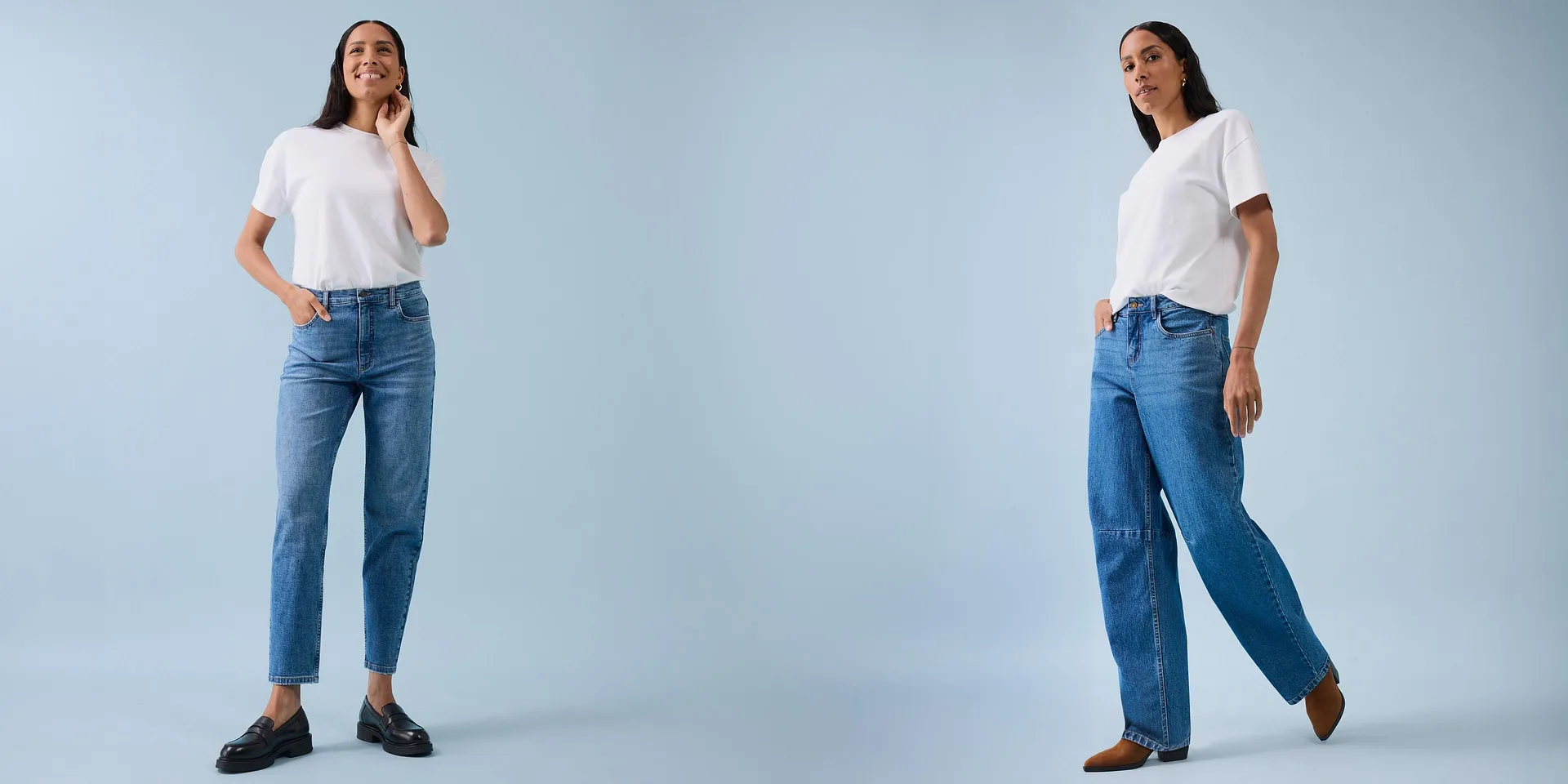 Klassisk casual-look: Vita T-shirts kombinerade med blå jeans och trendiga skor.