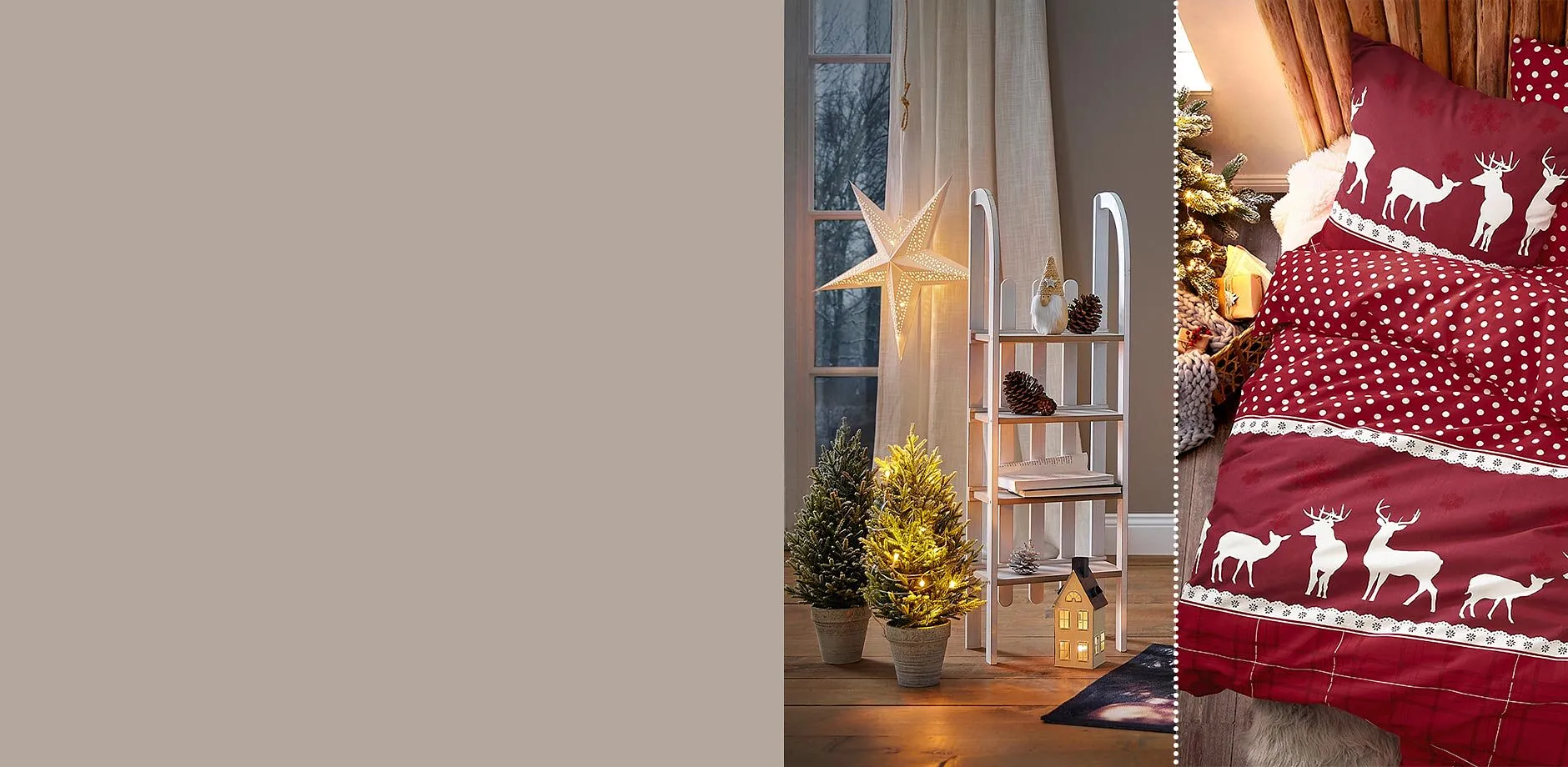 Juldekorationer och mysiga sängkläder i vinrött med vita renar.

