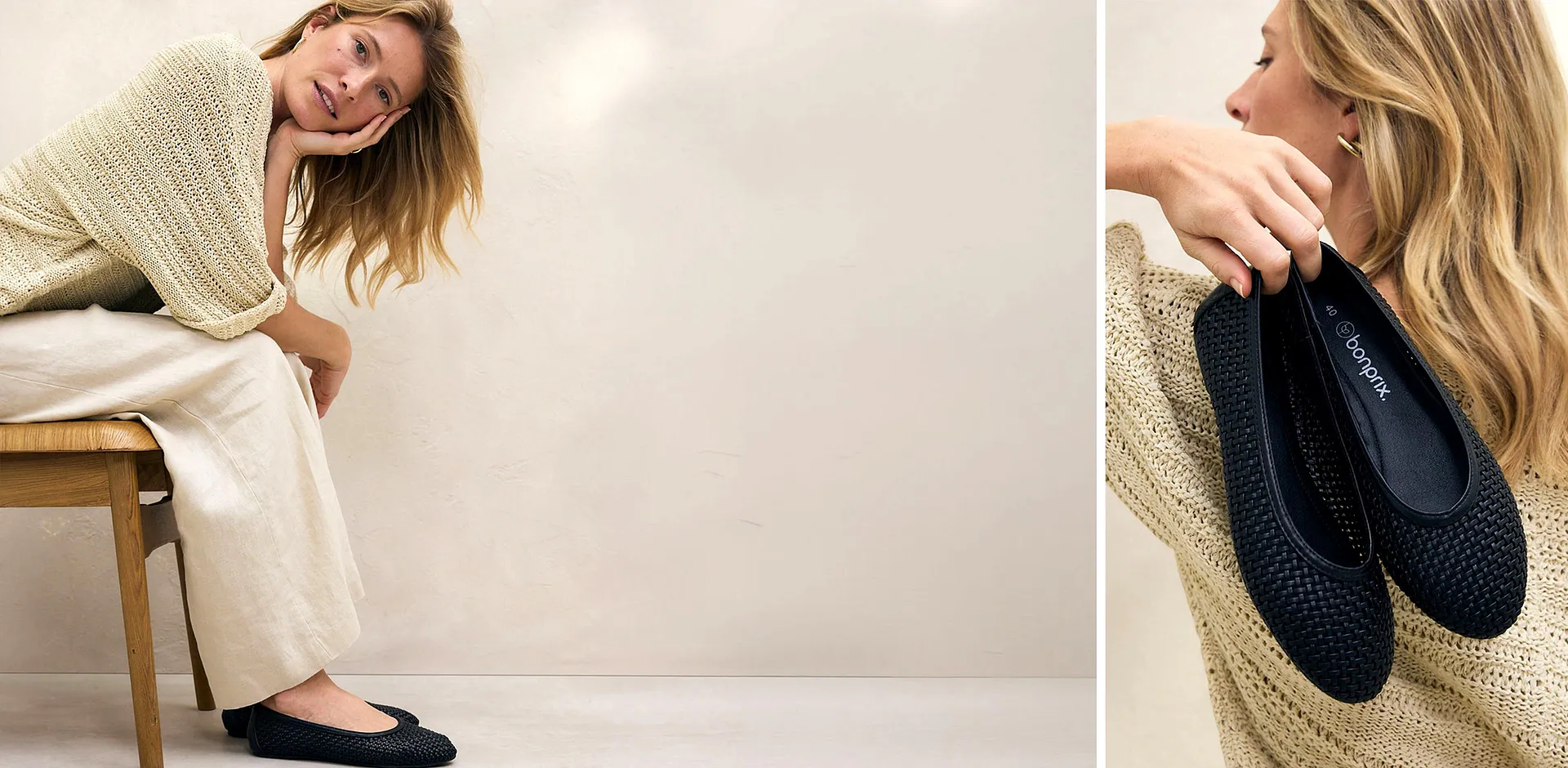 Stickad tr&ouml;ja i kr&auml;mvitt och vida linnebyxor skapar en mysig, elegant look.

