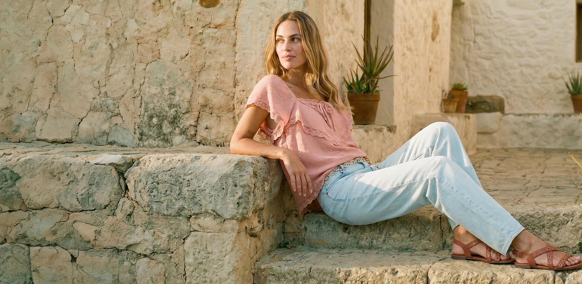 Ljusrosa blus med volanger och ljusbl&aring; jeans.

