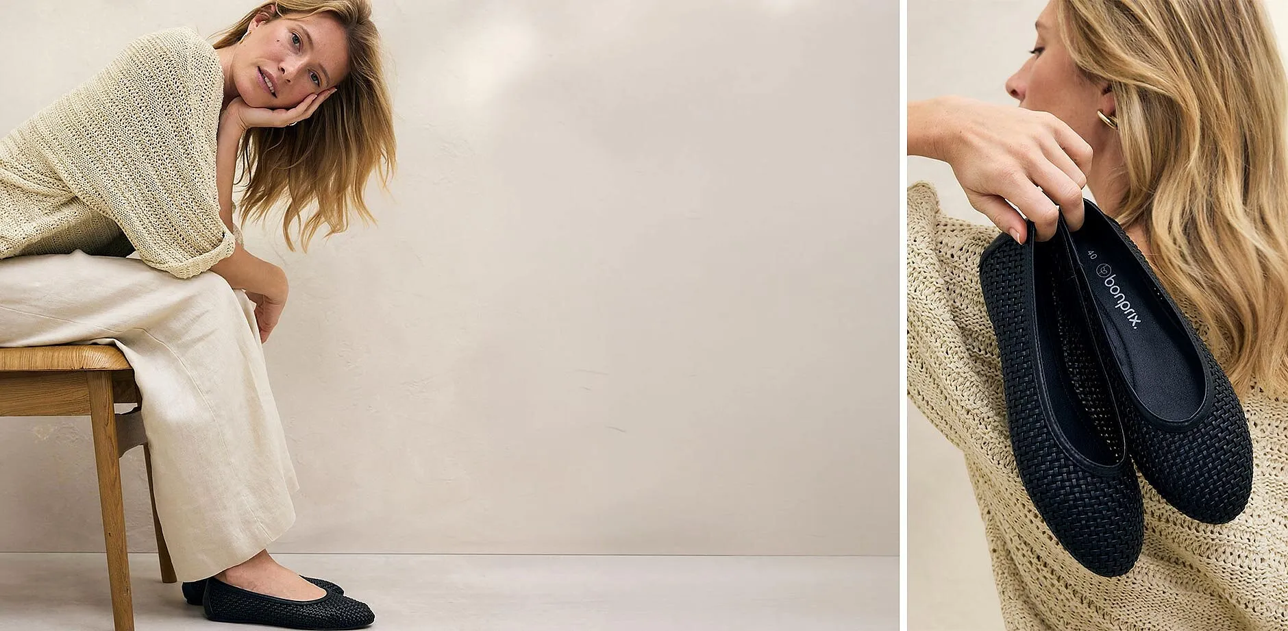 Stickad tr&ouml;ja i kr&auml;mvitt och vida linnebyxor skapar en mysig, elegant look.