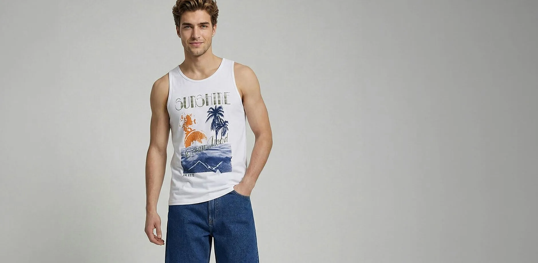 Somrigt linne med tropiskt motiv och bekv&auml;ma jeansshorts.


