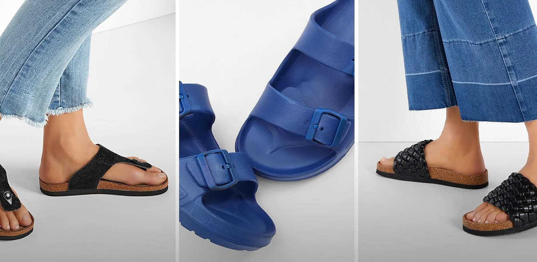 Svarta flip-flops, bl&aring; tofflor och fl&auml;tade tofflor.