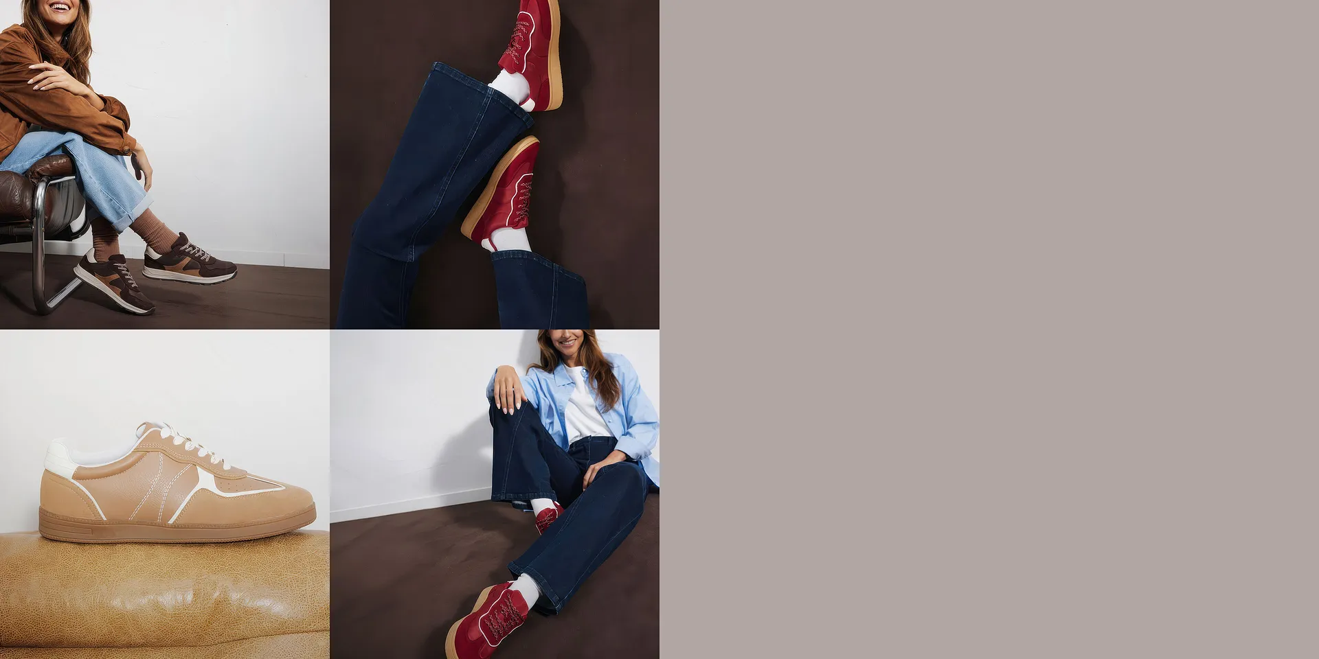 Trendiga sneakers i brunt, r&ouml;tt och beige, kombinerade med jeans och lediga &ouml;verdelar.