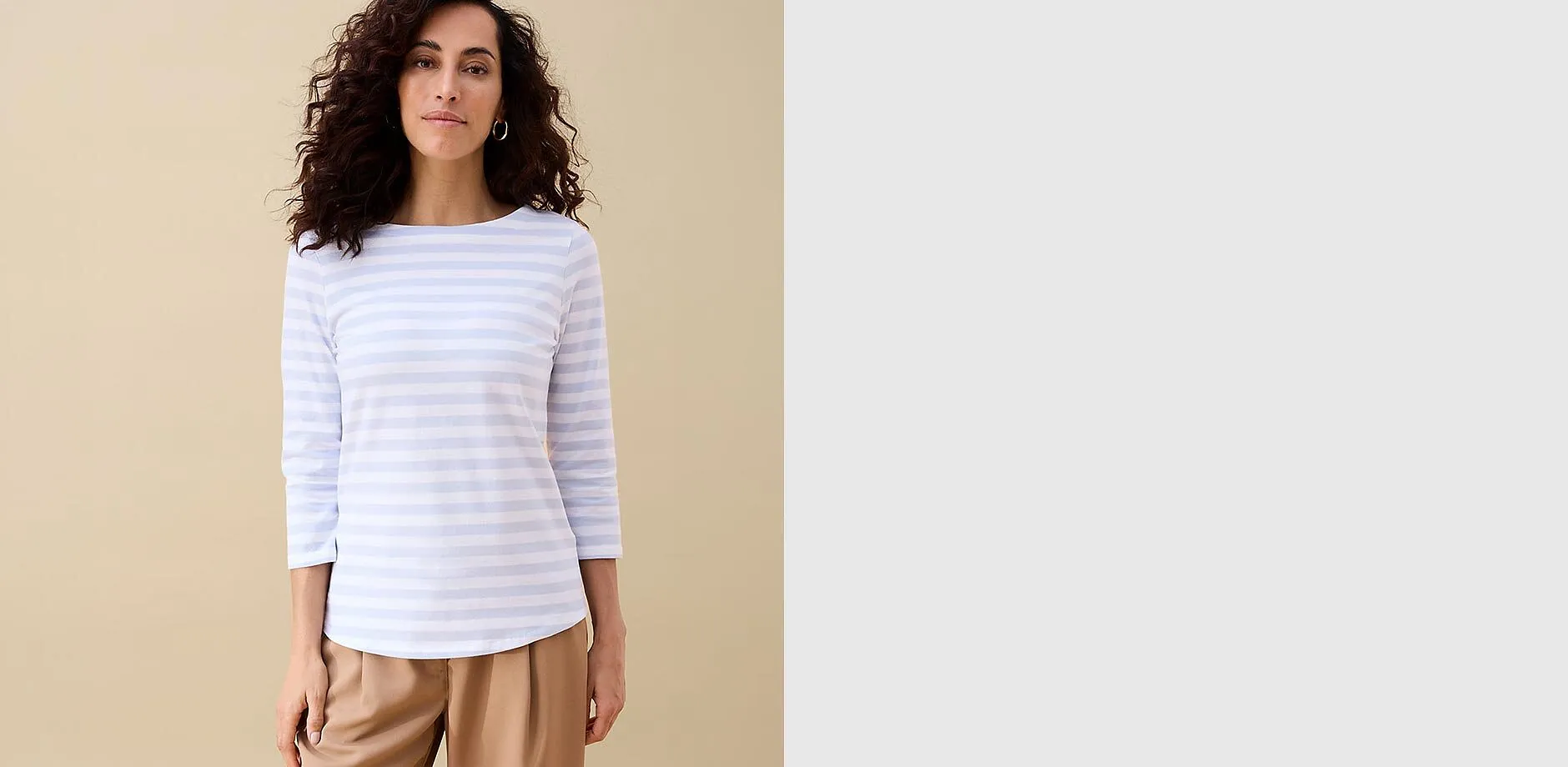 Klassisk, randig &ouml;verdel med 3/4-&auml;rmar och eleganta, beige byxor.