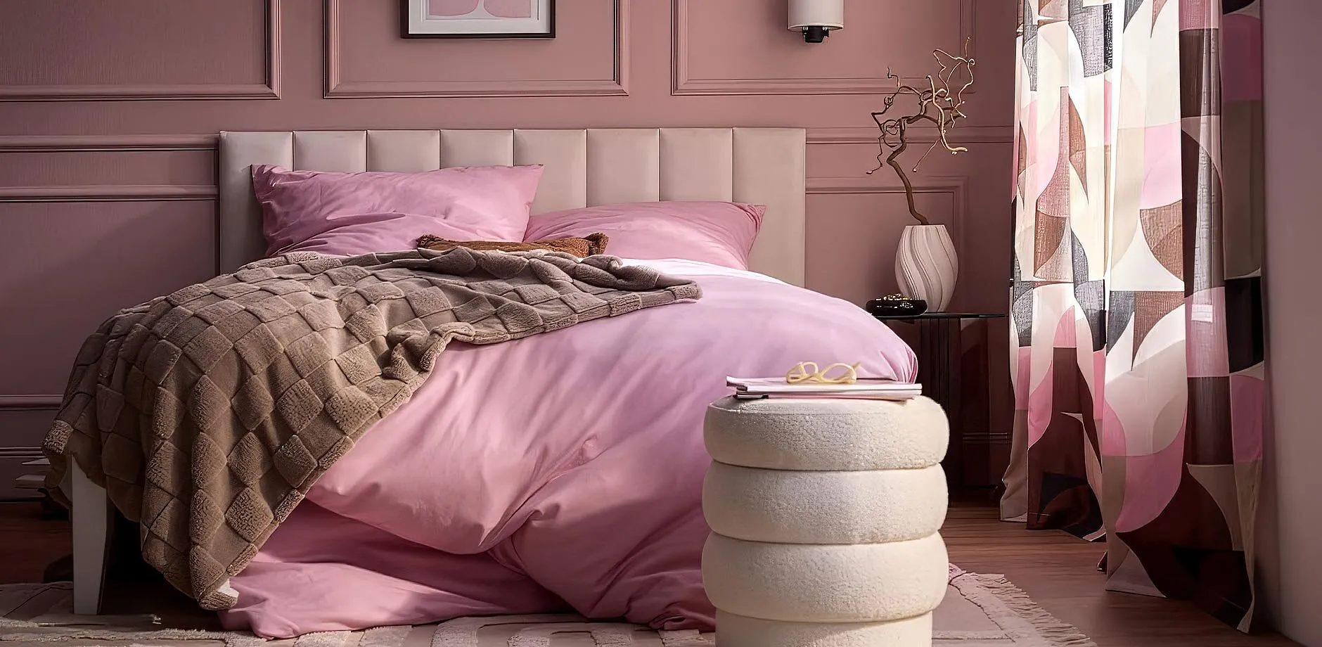 Rosa s&auml;ngkl&auml;der, fluffigt t&auml;cke och f&auml;rgglada gardiner pryder det mysiga sovrummet.