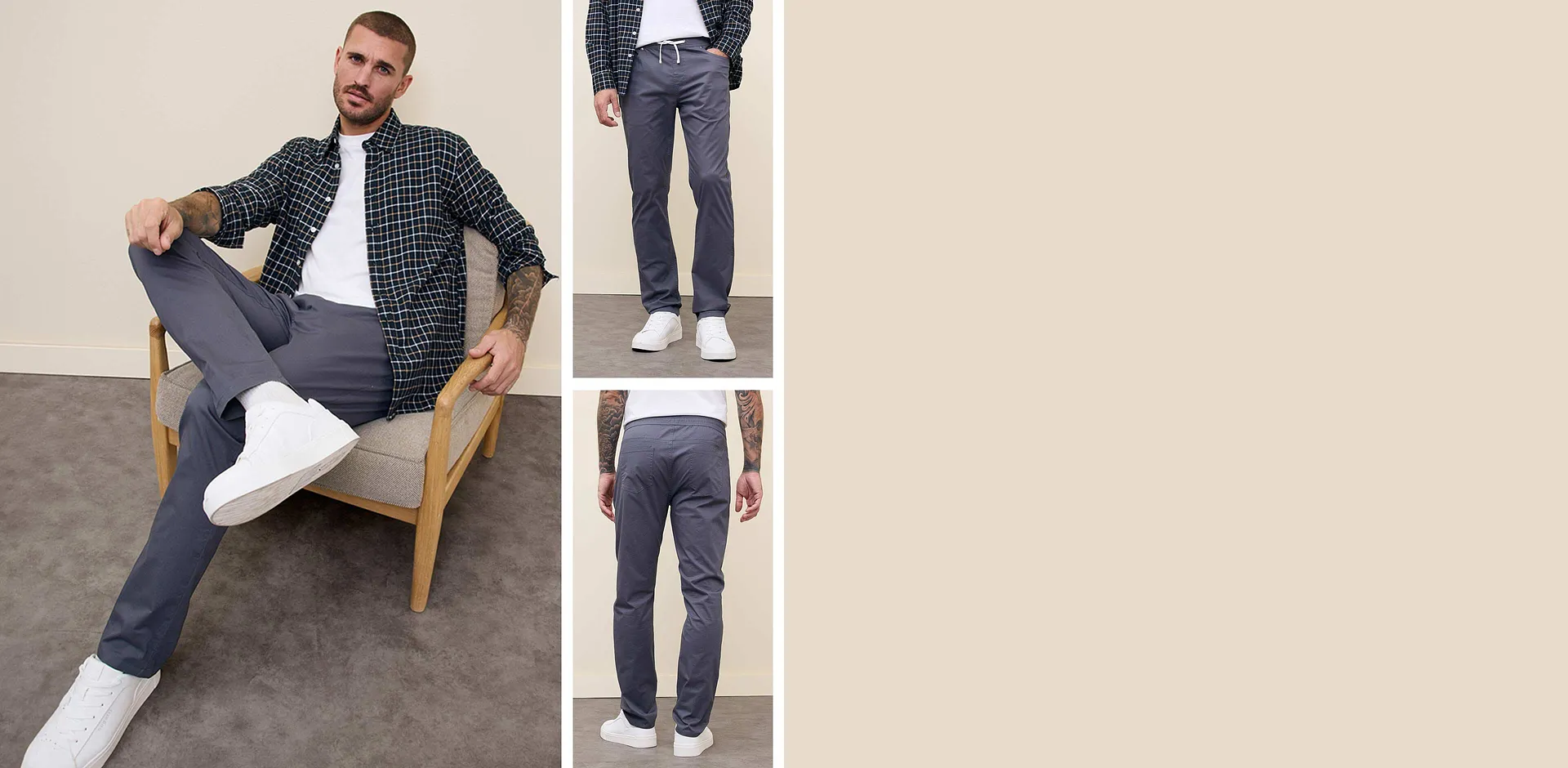 Rutig skjorta, vit t-shirt och gr&aring; dra p&aring;-byxor.

