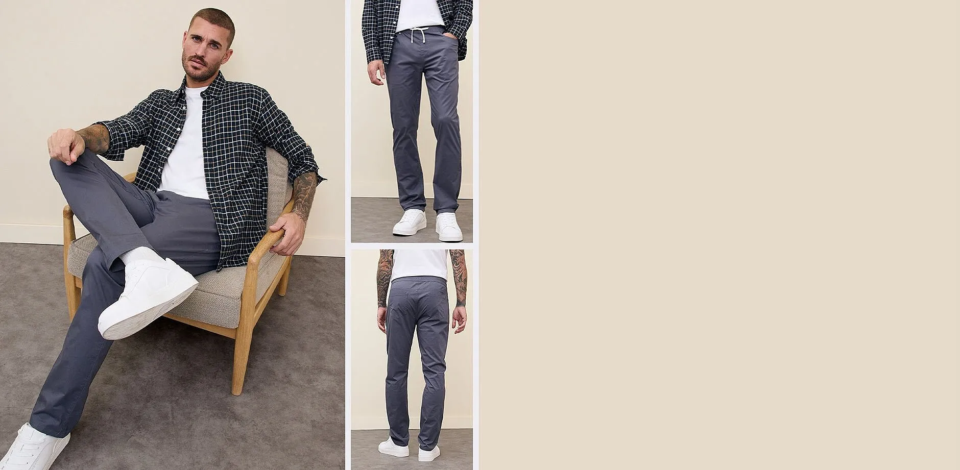 Rutig skjorta, vit t-shirt och gr&aring; komfortbyxor.