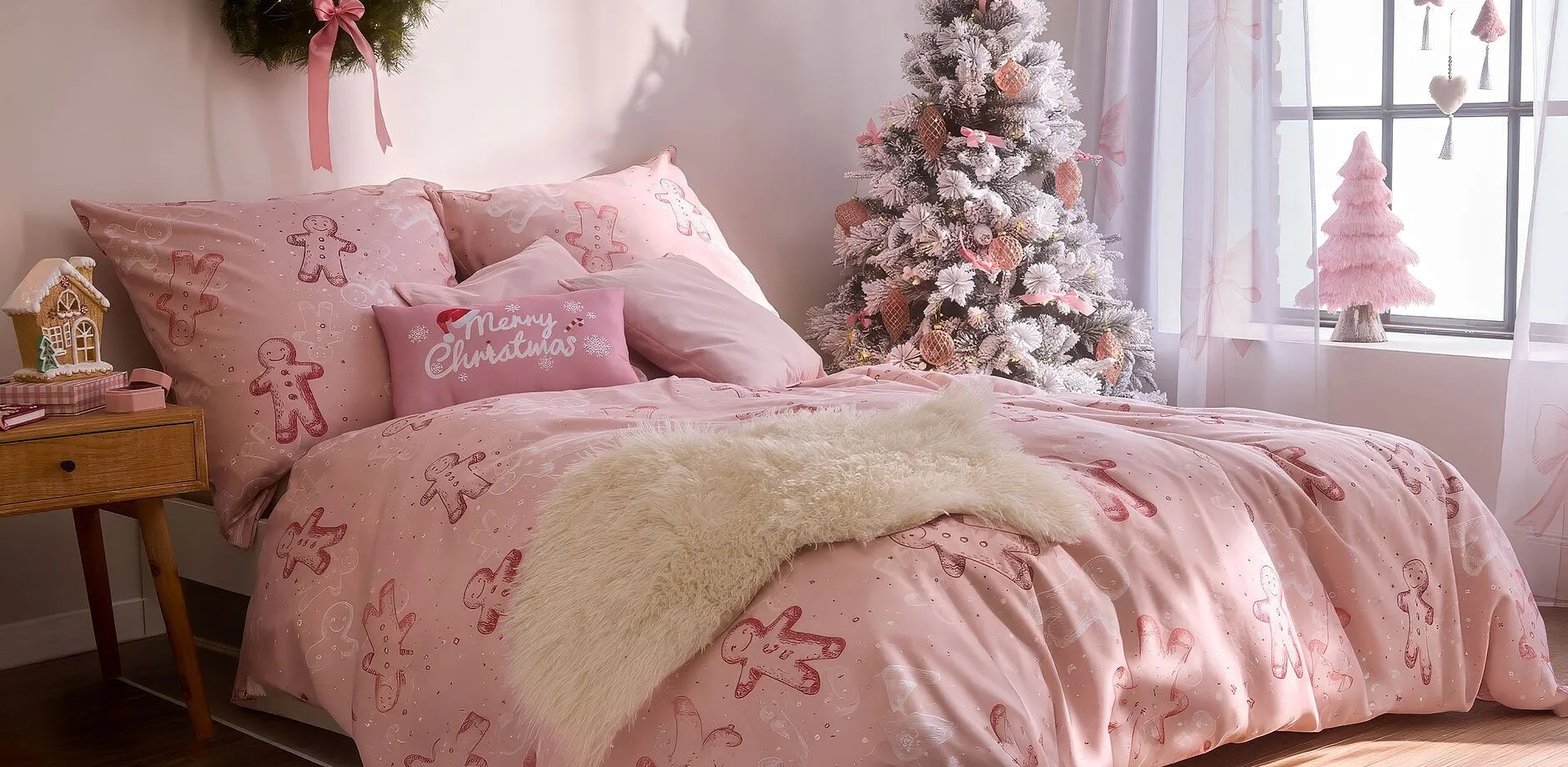 Rosa p&aring;slakanset med julmotiv.