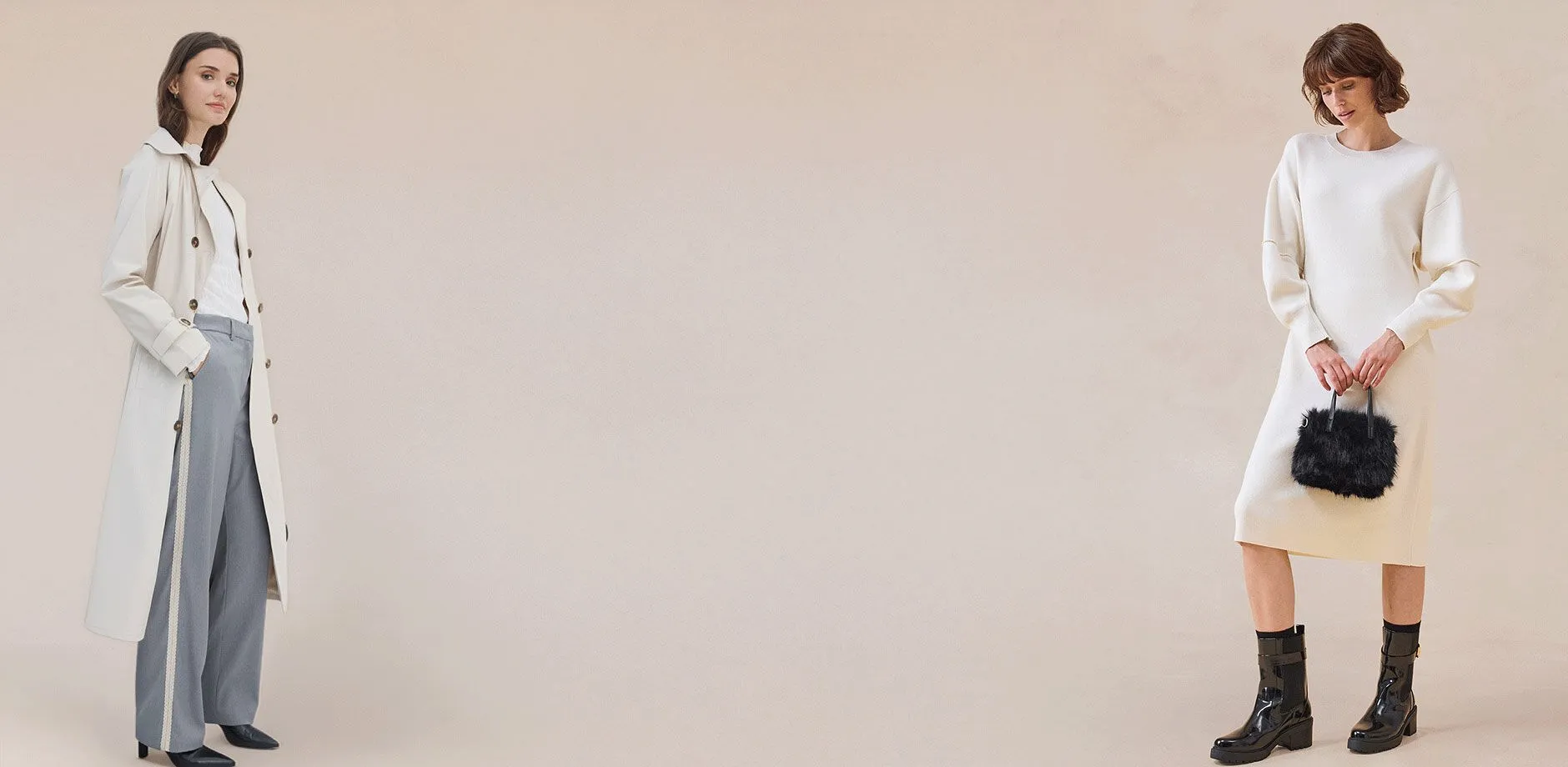 Elegant, ullvit stickad outfit: polotr&ouml;ja och vida byxor.

