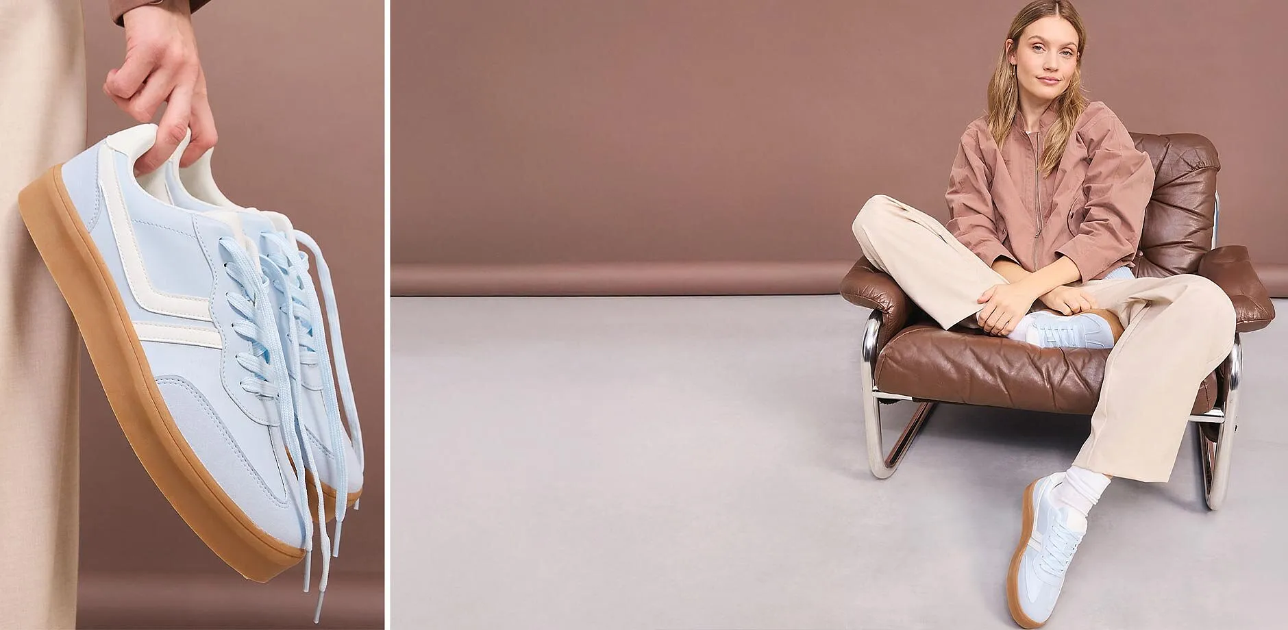 Brun jacka kombinerad med beiga byxor och ljusbl&aring; sneakers.

