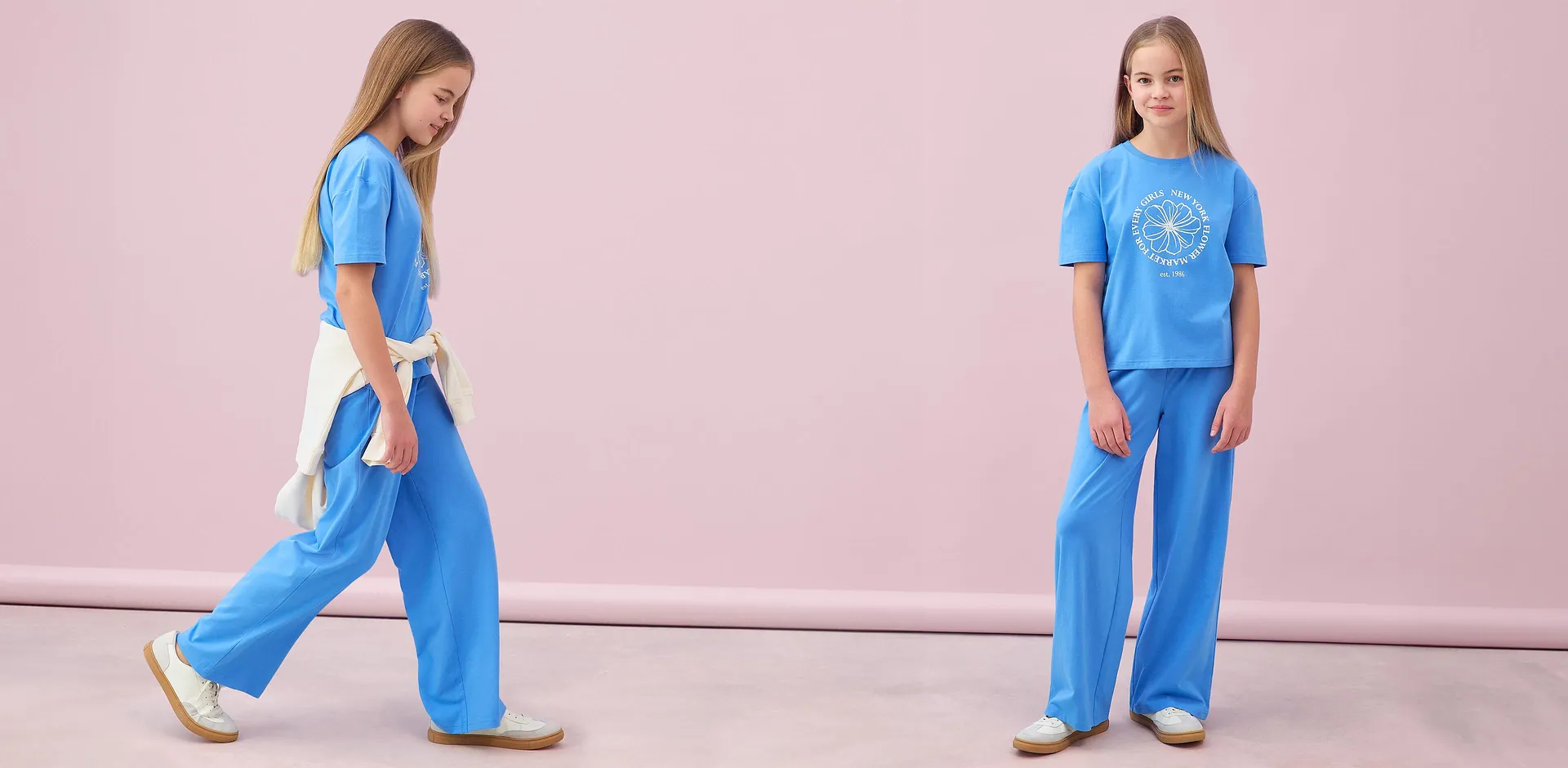 Barn - T-shirt och jerseybyxa i elastisk bomullsmix (2 delar) - mellanbl&aring;