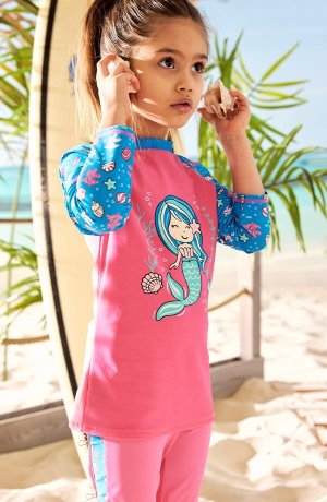 Barn - Badtröja för flickor med UV-skydd - pink/havsblå, med tryck
