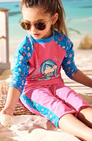 Barn - Badtröja för flickor med UV-skydd - pink/havsblå, med tryck