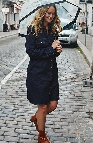 Dam - Stretchig jeansklänning, långärmad - mörkblå