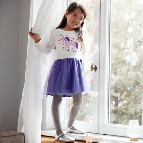 Barn - Jerseyklänning med tyll och paljetter för flickor - ullvit/lila