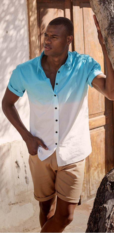 Herr  - Kortärmad skjorta med olika färger - mörk aqua/vit, mönstrad