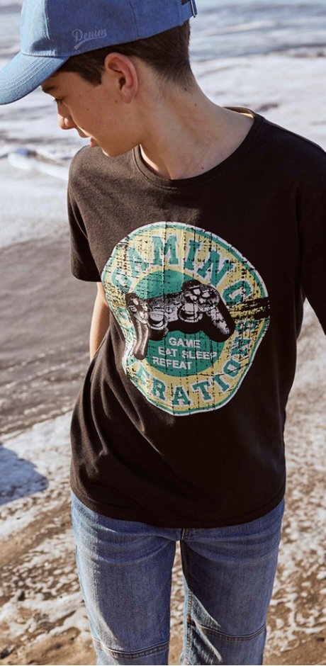 Barn - T-shirt i ekologisk bomull för pojkar - mellanturkos, med tryck