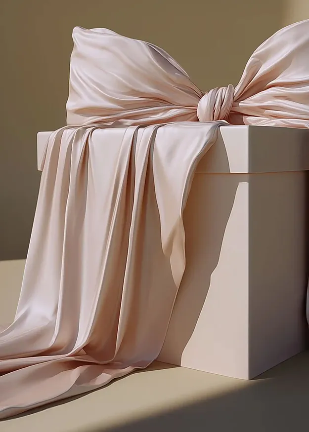 En skir rosa sjal omsluter elegant en vit ask, konstfullt knuten till en rosett.

