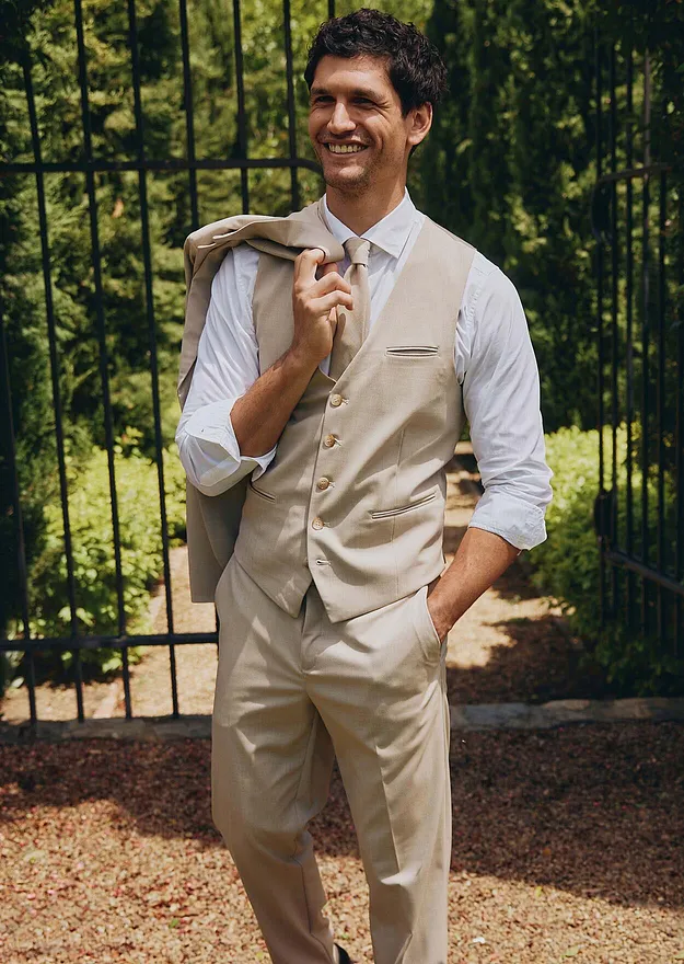 Herr  - Kostym (4 delar) med v&auml;st och slips, normal passform - ljusbrun, melerad