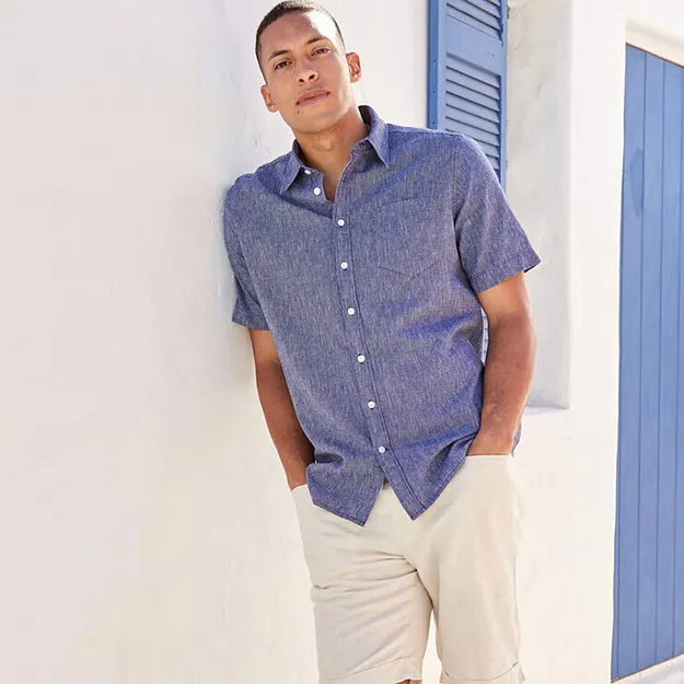 Herr  - Kort&auml;rmad skjorta med linne - bl&aring;/vit, randig