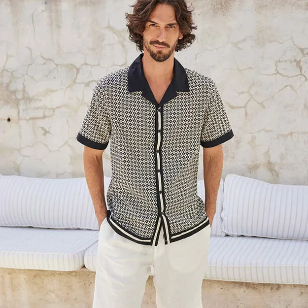 Herr  - Kort&auml;rmad linneskjorta - kiselgr&aring;/svart