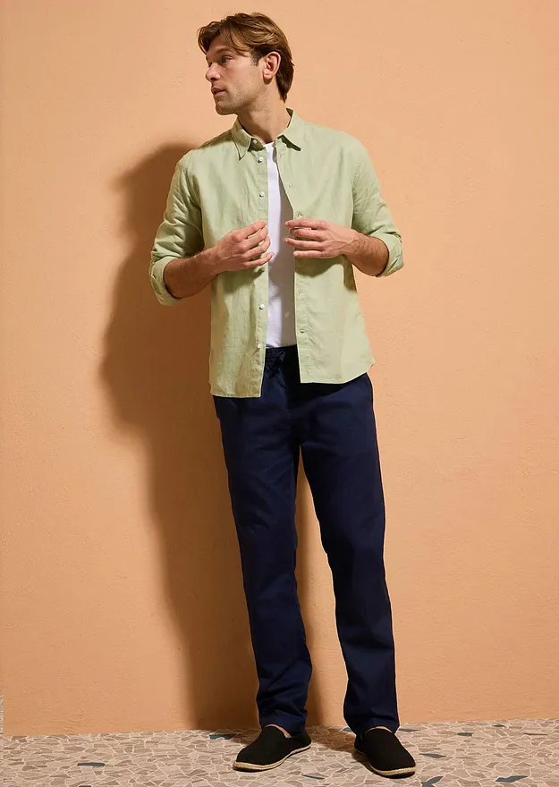 Herr  - L&aring;ng&auml;rmad skjorta i svalkande linnemix, modern passform - blekgr&ouml;n