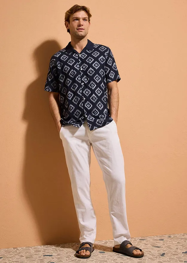 Herr  - Kort&auml;rmad skjorta med resortkrage - m&ouml;rkbl&aring;, m&ouml;nstrad