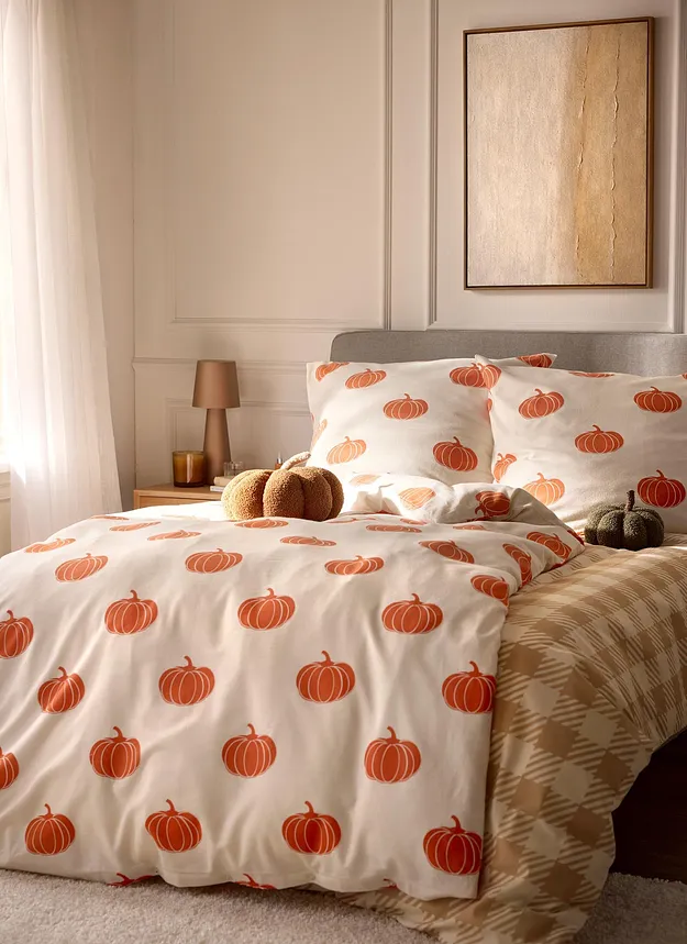 Hem - P&aring;slakanset med pumpam&ouml;nster - creme/orange