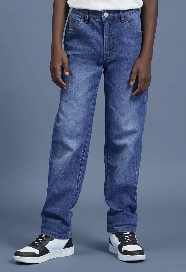 Barn - Regular Fit Stretch Jeans med reglerbar midja, Straight - bl&aring; denim