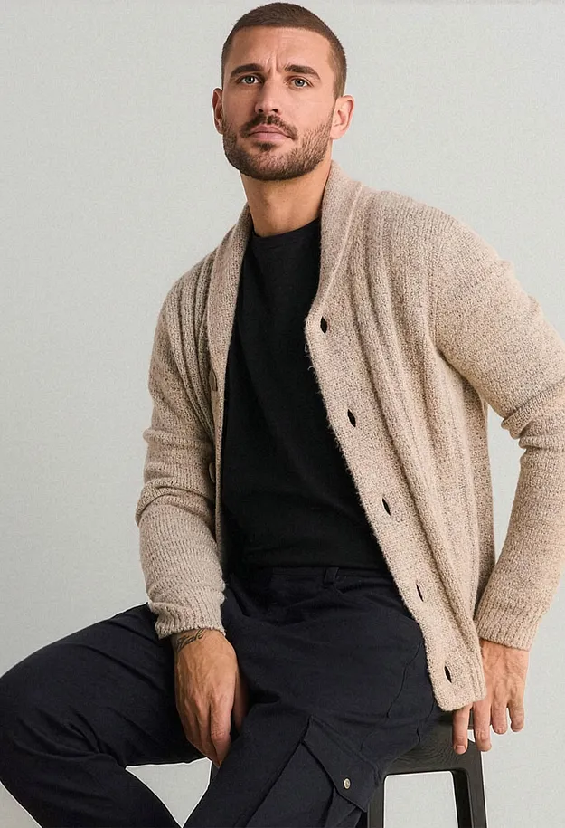Ledig look: beige cardigan, svart T-shirt och m&ouml;rkbl&aring; cargobyxa.