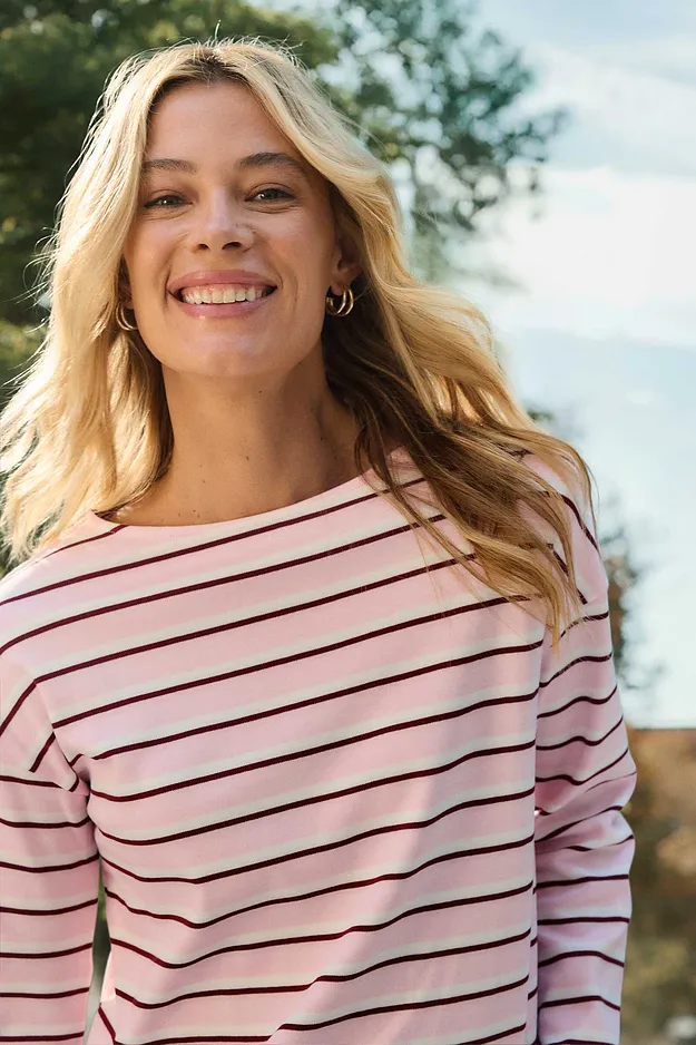 Dam - L&aring;ng&auml;rmad topp i ekologisk bomull - vit/kristallrosa/rubinr&ouml;d