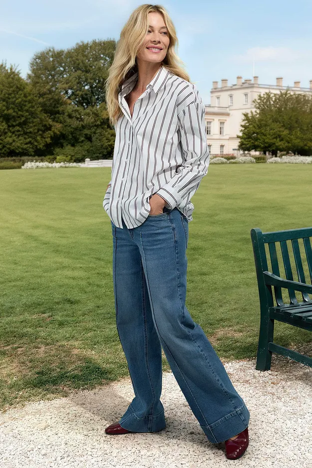 Trendigt - L&aring;ng skjortblus - vit/rubinr&ouml;d randig