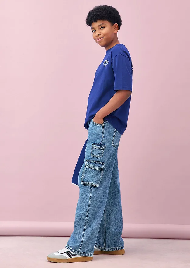 Barn - T-shirt i oversizemodell av bomull - midnattsbl&aring;, med tryck