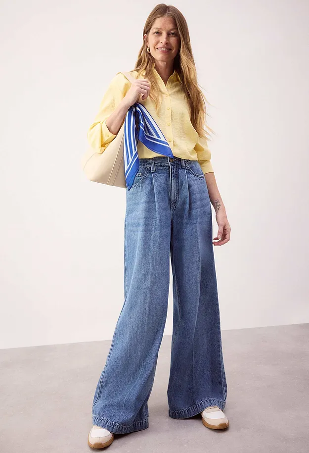 Dam - Super Wide Leg Jeans Mid Waist - bl&aring; denim, used-look