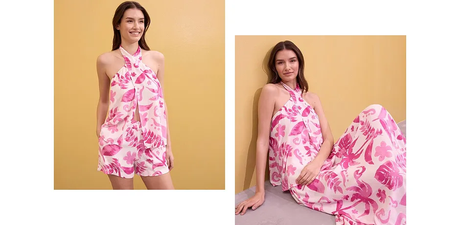 Dam - Mönstrade shorts i viskos med struktur - vit/fuchsia, blommig