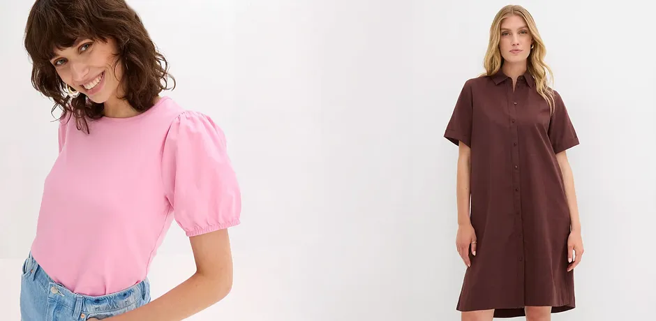 Kvinna i rosa T-shirt och kvinna i brun skjortklänning – modernt dammode hos Bonprix