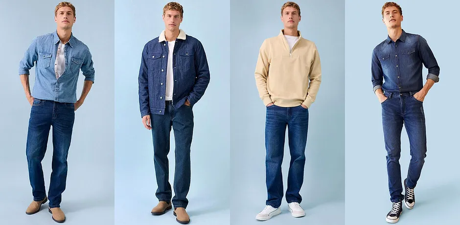 Mångsidiga denim-outfits: från klassisk skjorta till jackor och lediga tröjor. Tidlöst denimmode för män.