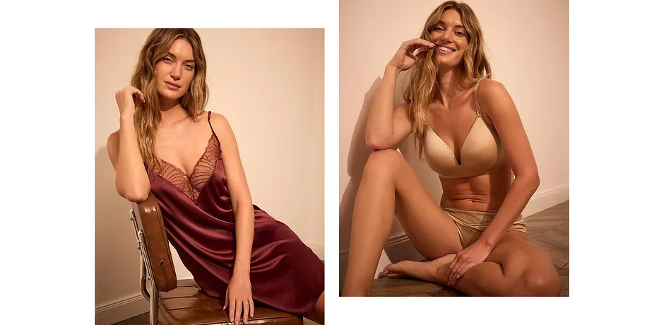 Dam - Negligé i satin med elegant broderi - vinröd