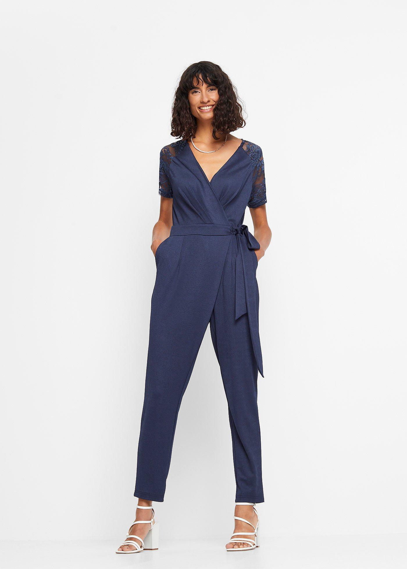 Snygg jumpsuit med spetsärmar mörkblå, regular