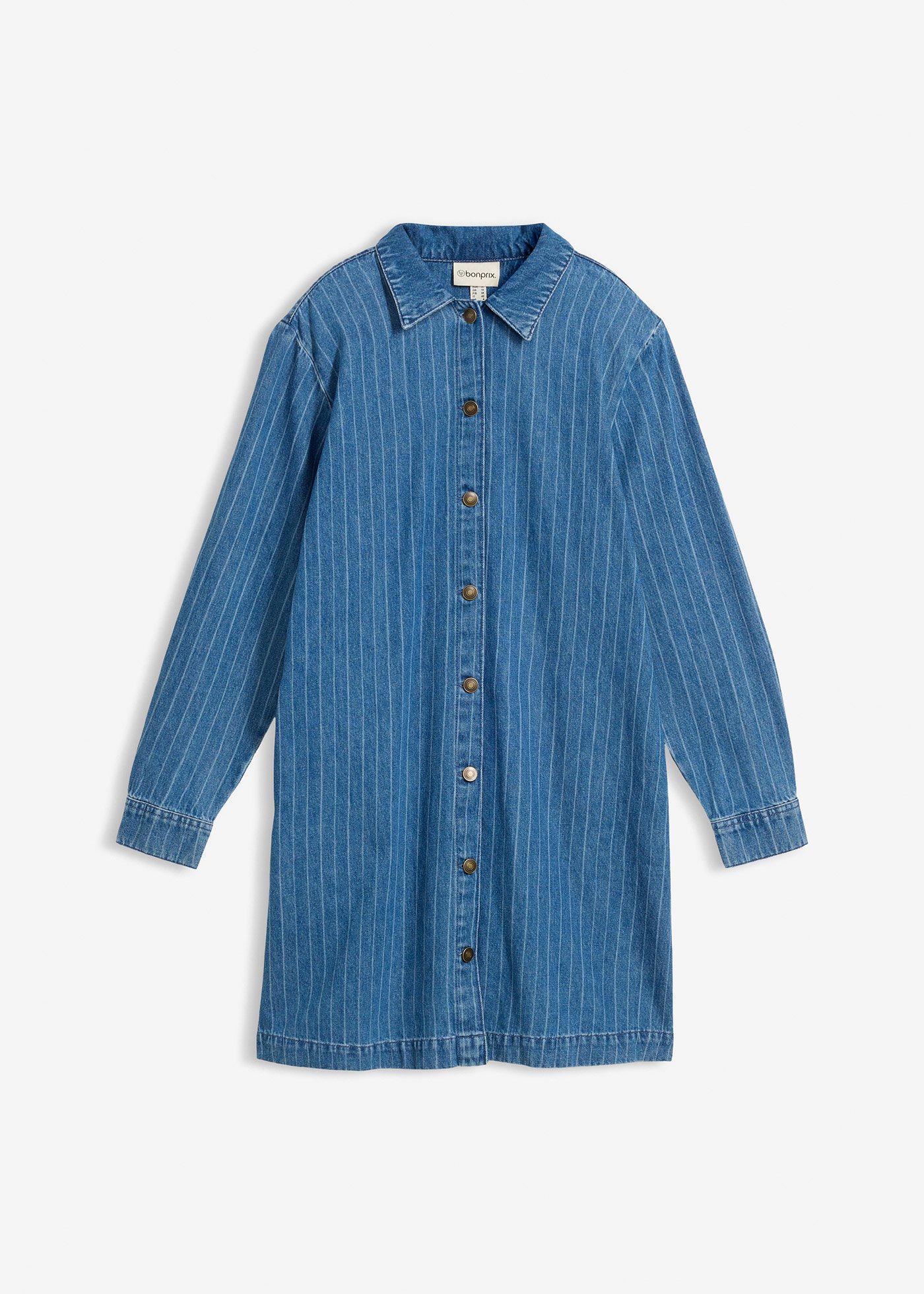 bonprix – Långärmad jeansklänning med ränder